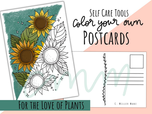 For the Love of Plants: Color Your Own Postcards- Set of Four- Self Care Tools Adult Coloring & Meditation Gift - Plants and Flowers