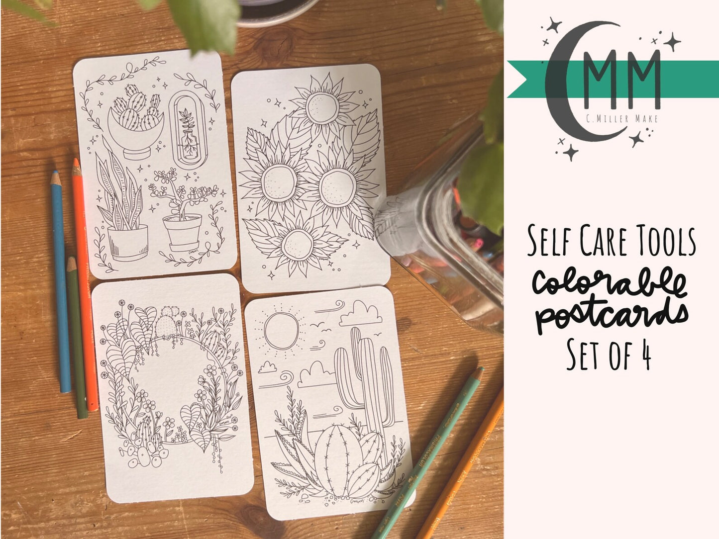 For the Love of Plants: Color Your Own Postcards- Set of Four- Self Care Tools Adult Coloring & Meditation Gift - Plants and Flowers