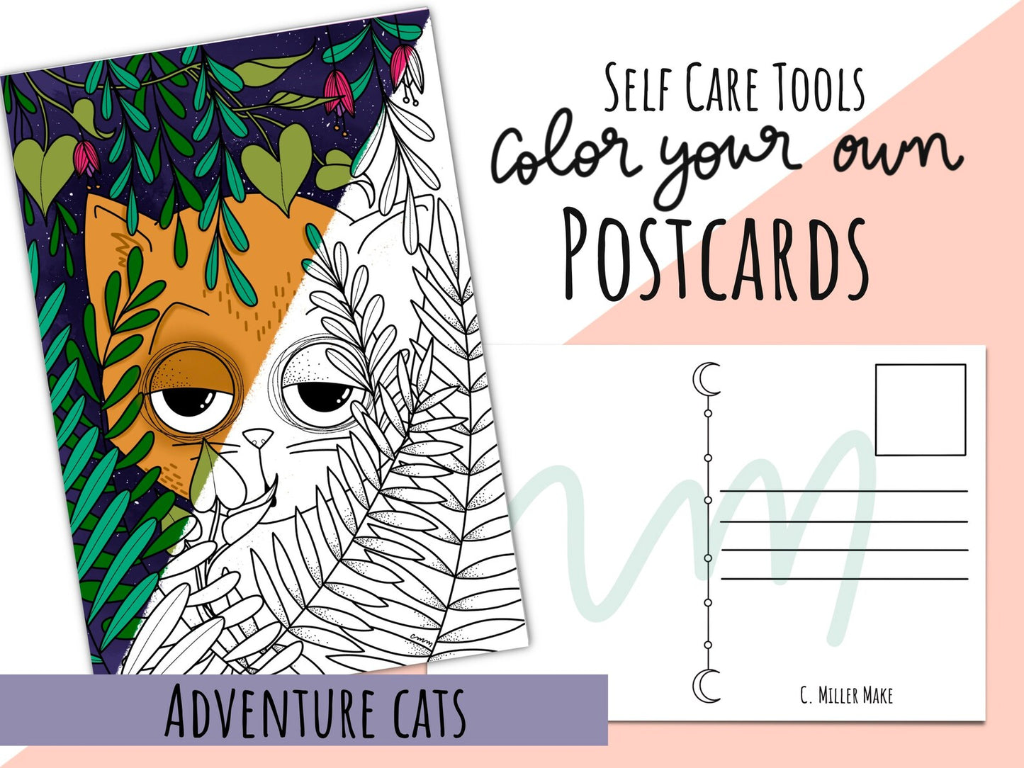 Adventure Cats: Set of 4 Color Your Own Postcards- Self Care Tools Adult Coloring & Meditation- 4 Unique Designs