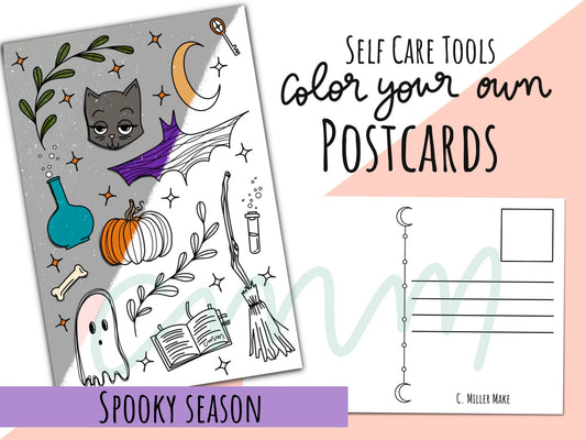 Spooky Season: Set of 4- Color Your Own Postcards- Adult Coloring Pages - Halloween Witch Theme