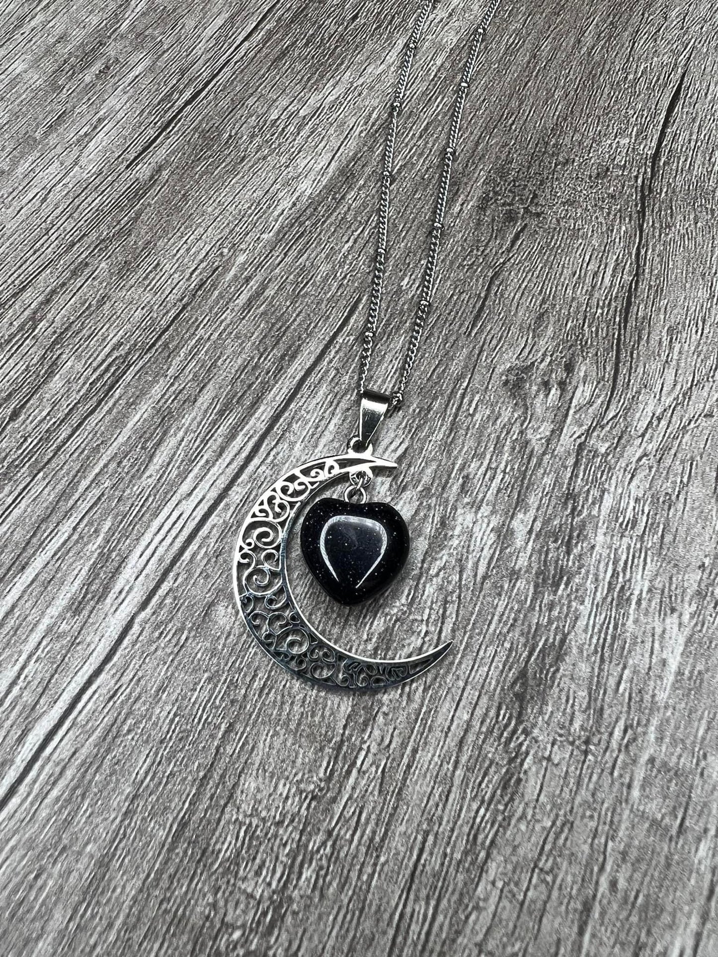 Silver Stainless Steel Natural Blue Sandstone Moon Necklace