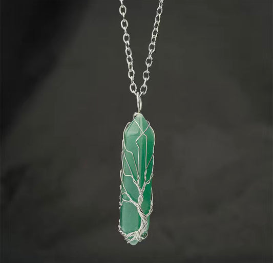 Tree of Life Green Dongling Natural Stone Stainless Steel Necklace