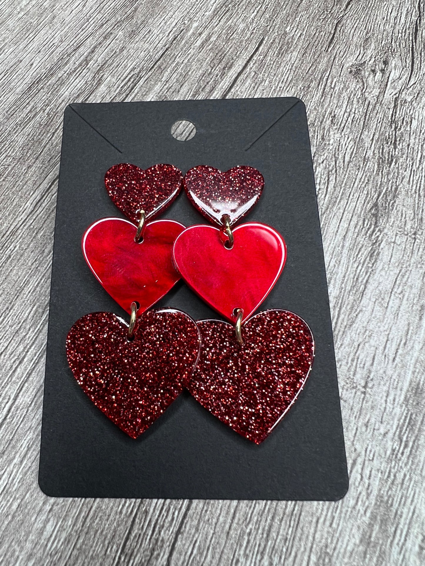 Red 3-Heart Drop Earrings