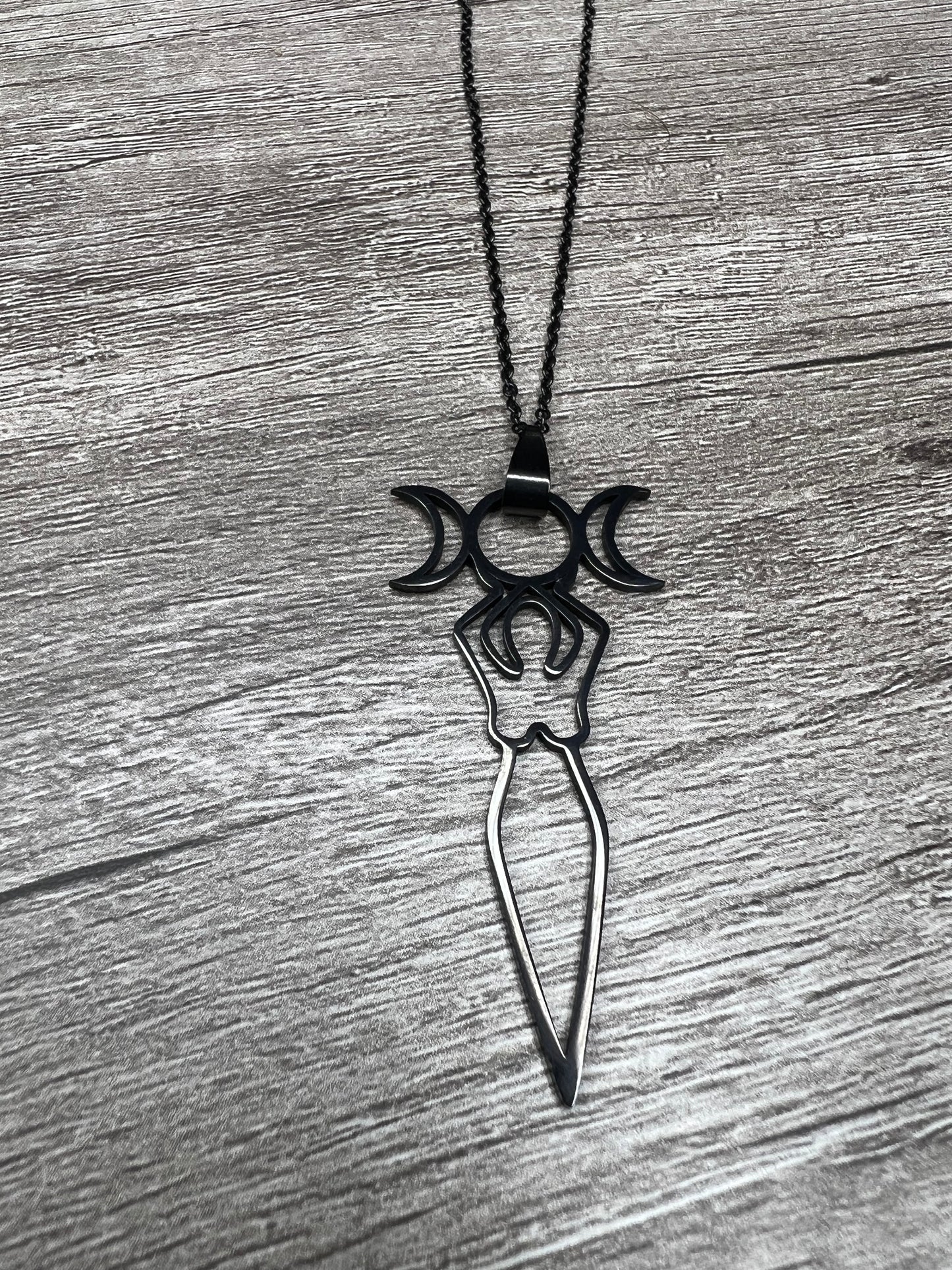Triple Moon Goddess — Black Stainless Steel Necklace