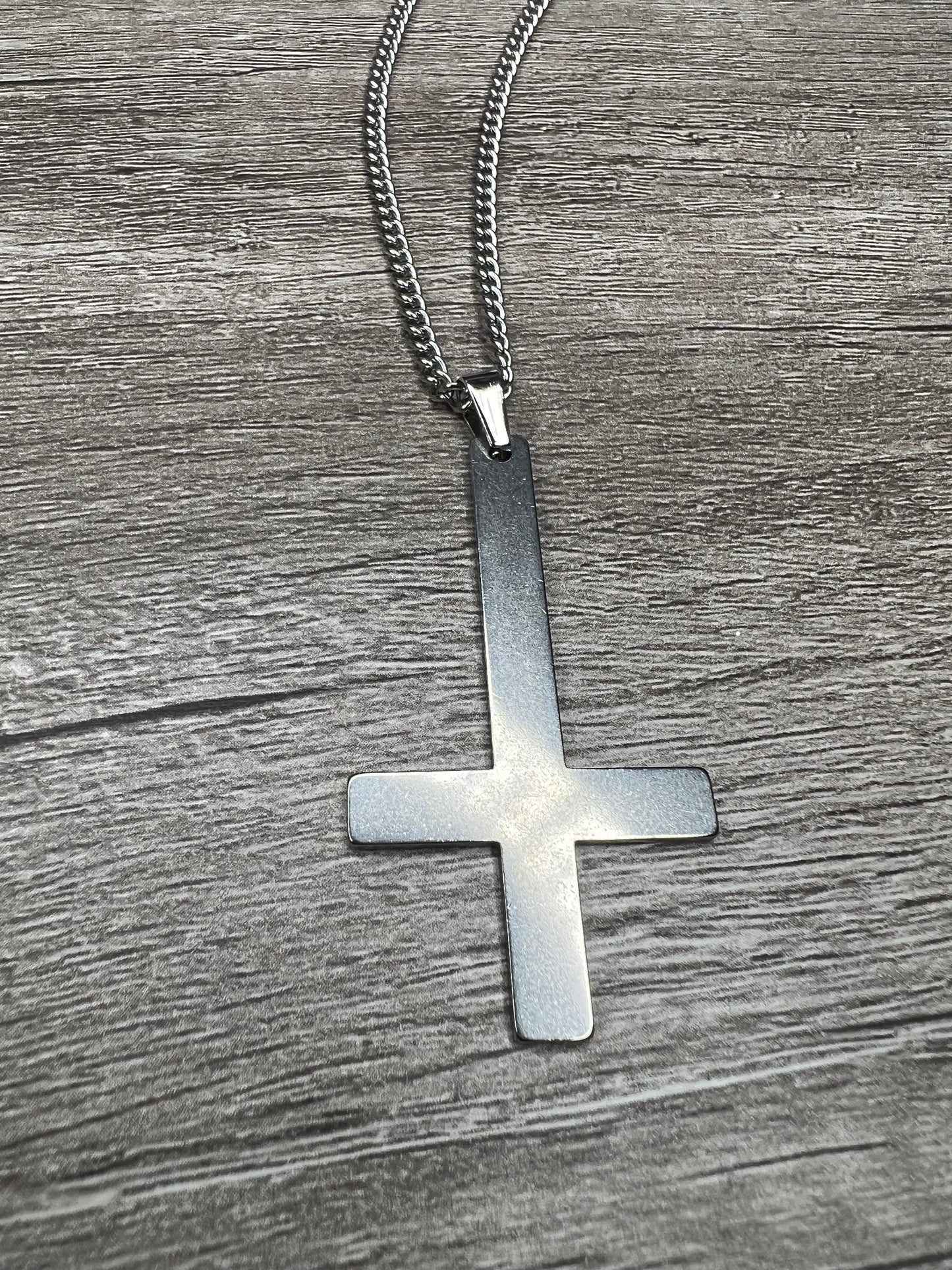 Simple Stainless Steel Inverted Cross Pendant Necklace — Stainless Finish