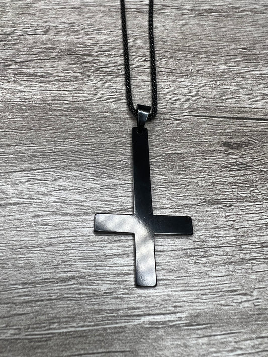 Simple Stainless Steel Inverted Cross Pendant Necklace — Black Finish