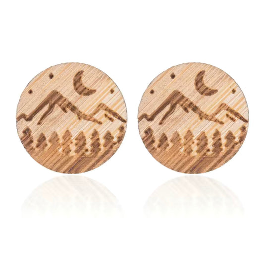 Wooden Circle Mountain Moon Earrings