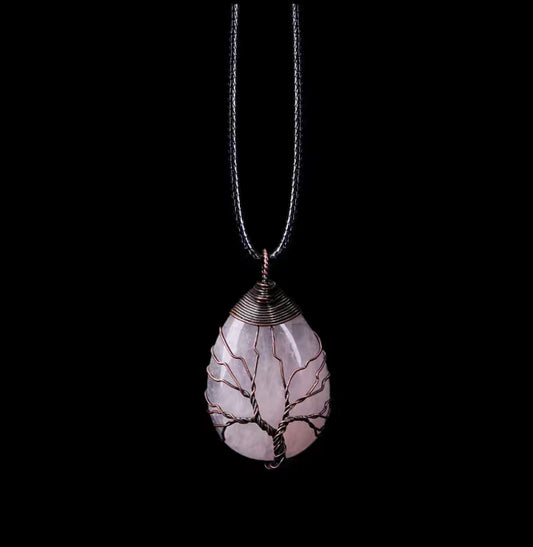 Natural Pink Crystal Tree of Life Stone Necklace