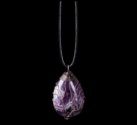 Natural Amethyst Crystal Tree of Life Stone Necklace