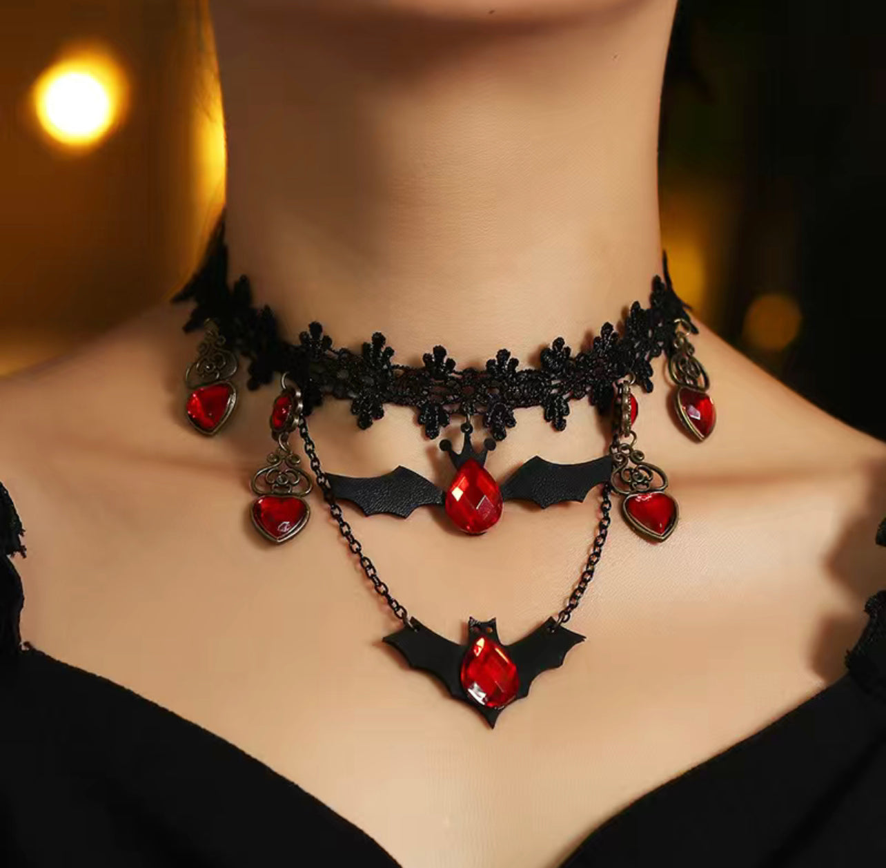 Lace Bat Ruby Drop Pendant Necklace