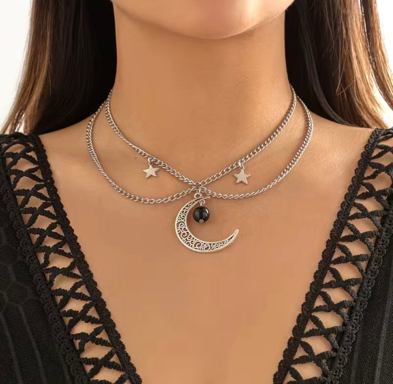 Silver Moon Star Double Layer Necklace