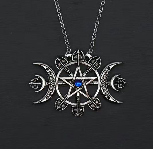 Silver/Blue Gemstone Moon Pentagram Necklace