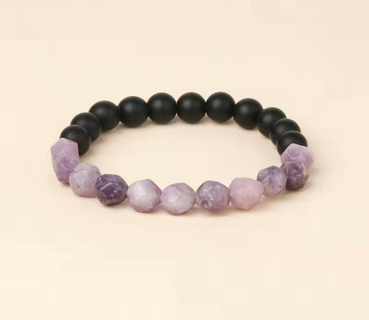 8mm Natural Stone Frosted Onyx & Amethyst Stretchy Bracelet