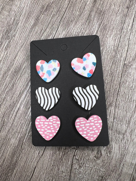 3 Pair of Striped Heart Earrings