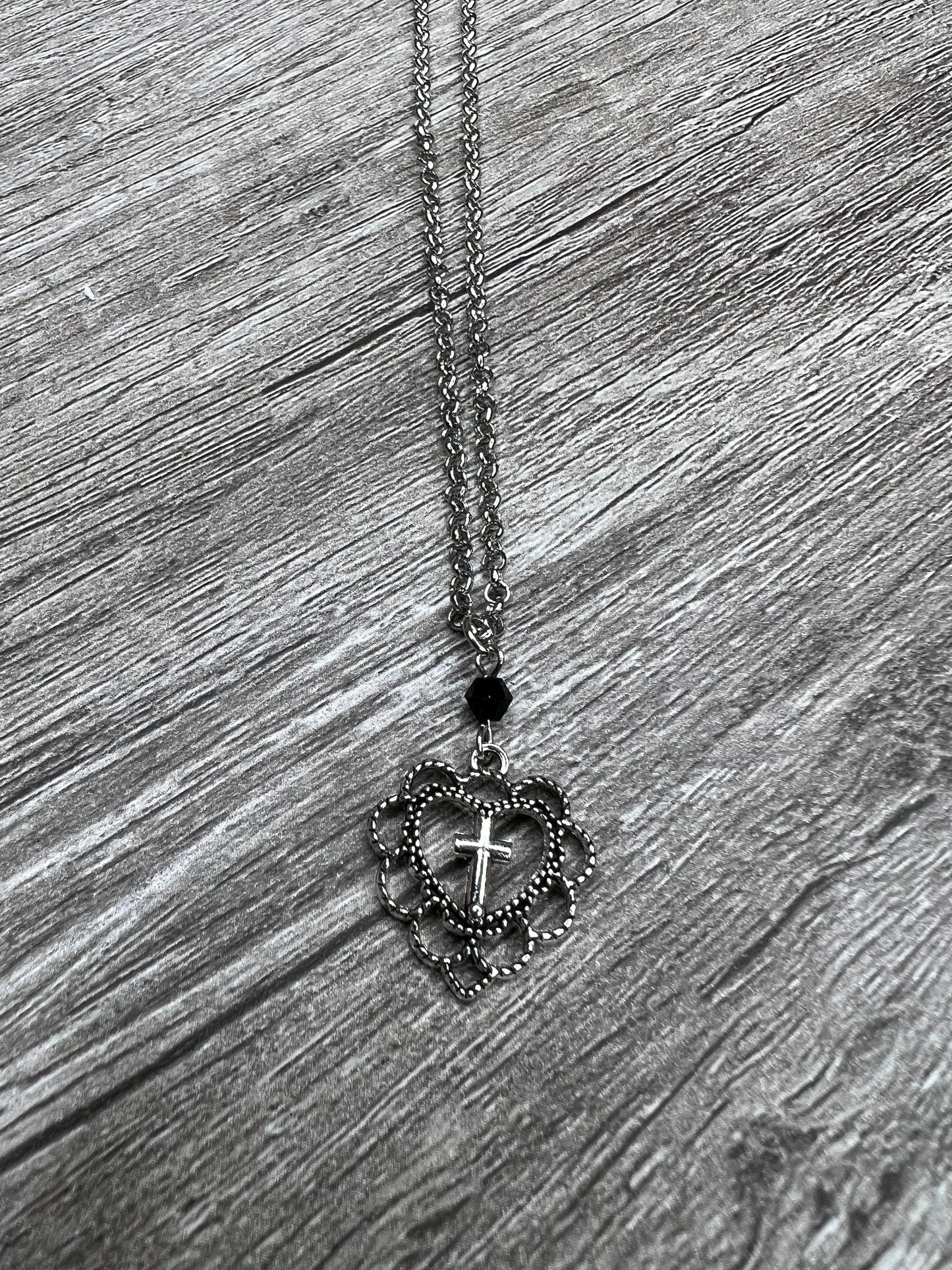 Black Gem Cross Heart Necklace
