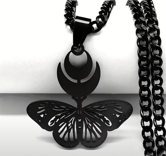 Witchcraft Gothic Moon Butterfly Stainless Steel Black Necklace