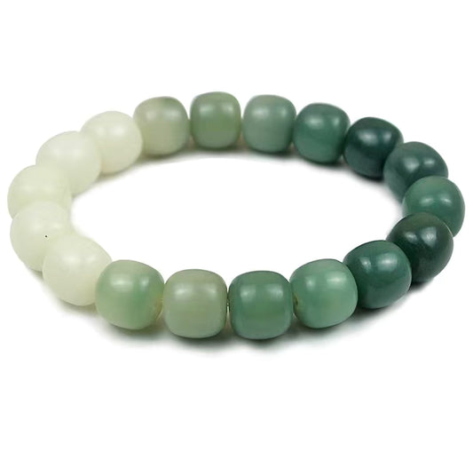 Natural Bodhi Root White and Green Jade Stretchy Bracelet