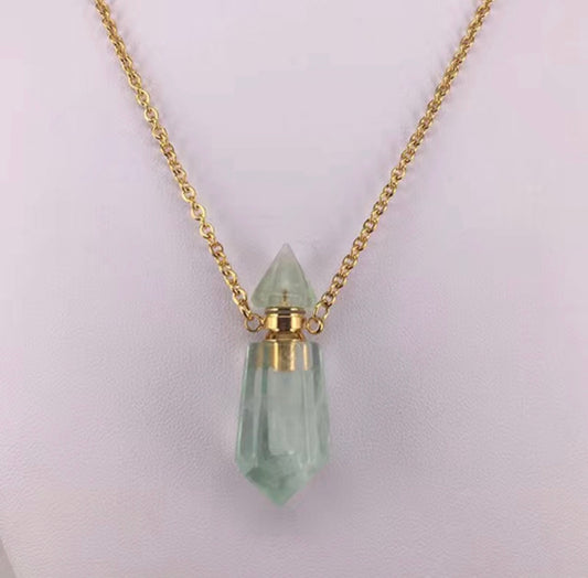 Natural Stone Faceted Prism Perfume Bottle Necklace — Stainless Steel Chain