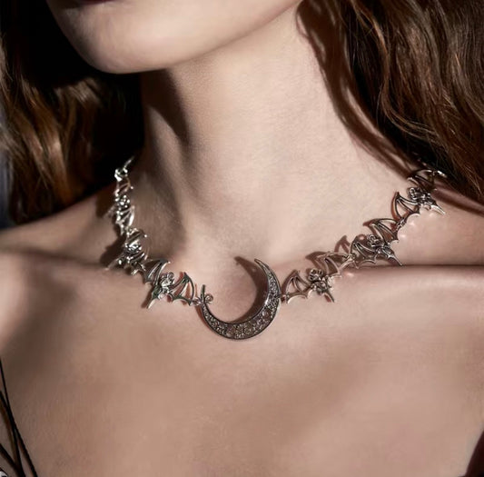 Gothic Moon Bat Stitching Necklace