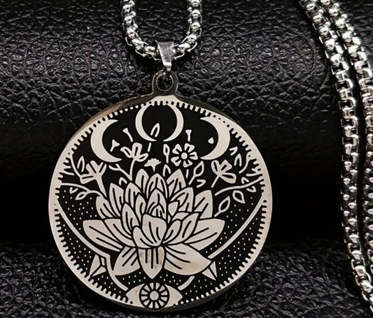 Stainless Steel Lotus Silver Black Necklace