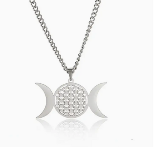Silver Stainless Steel Triple Moon Necklace