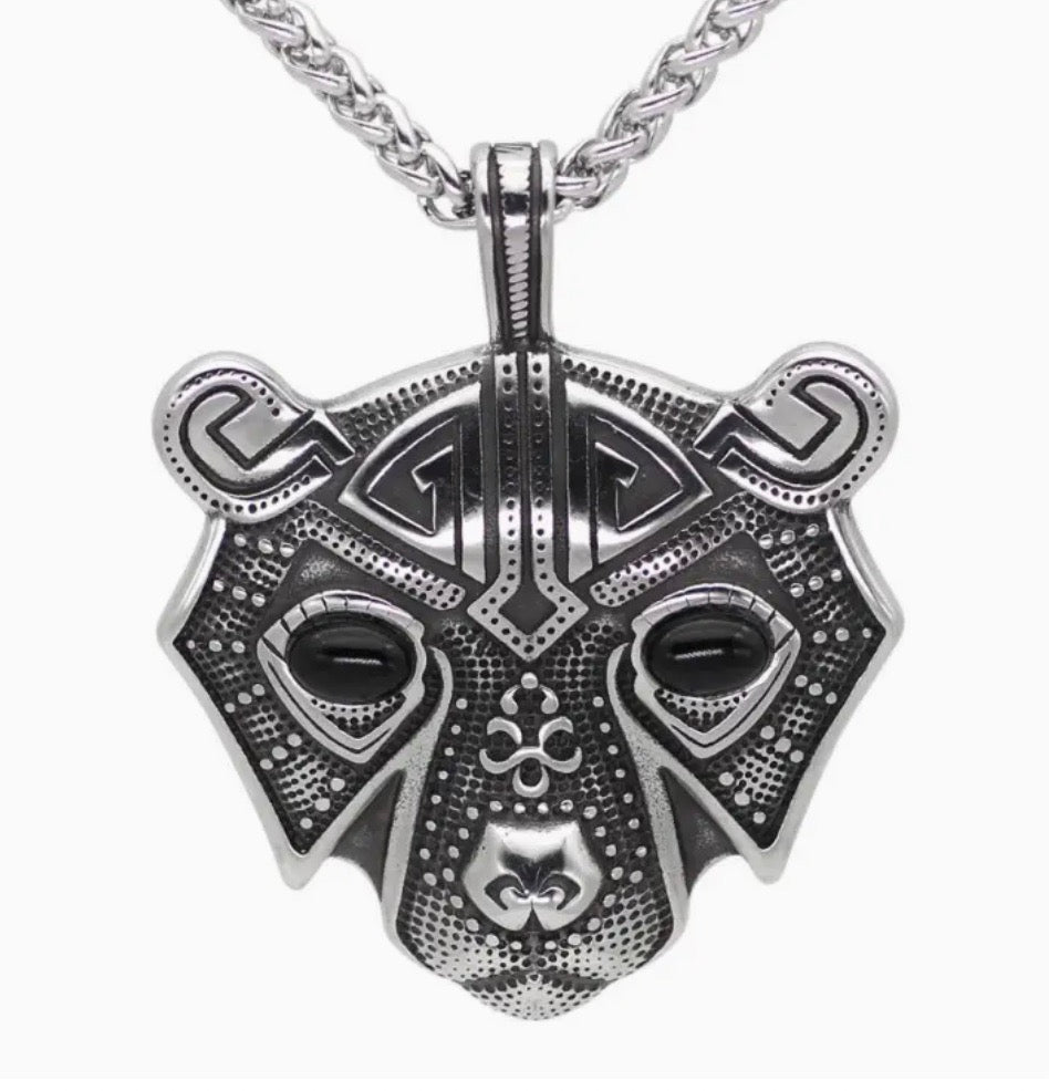 Stainless Steel Bear Head Norse Viking Pendant Necklace
