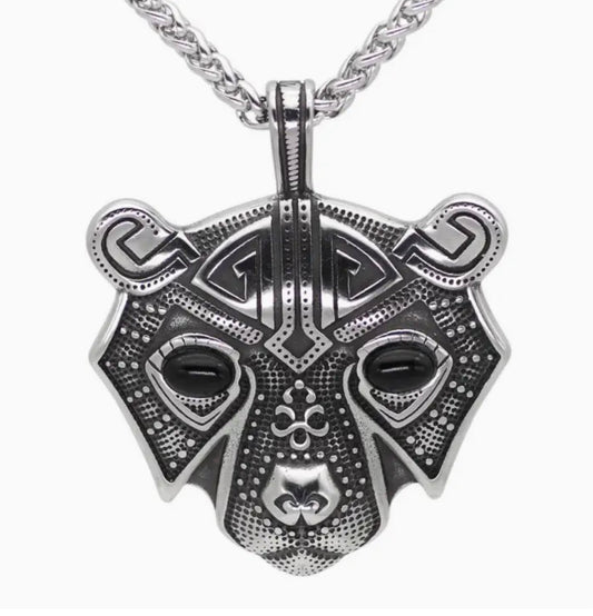 Stainless Steel Bear Head Norse Viking Pendant Necklace