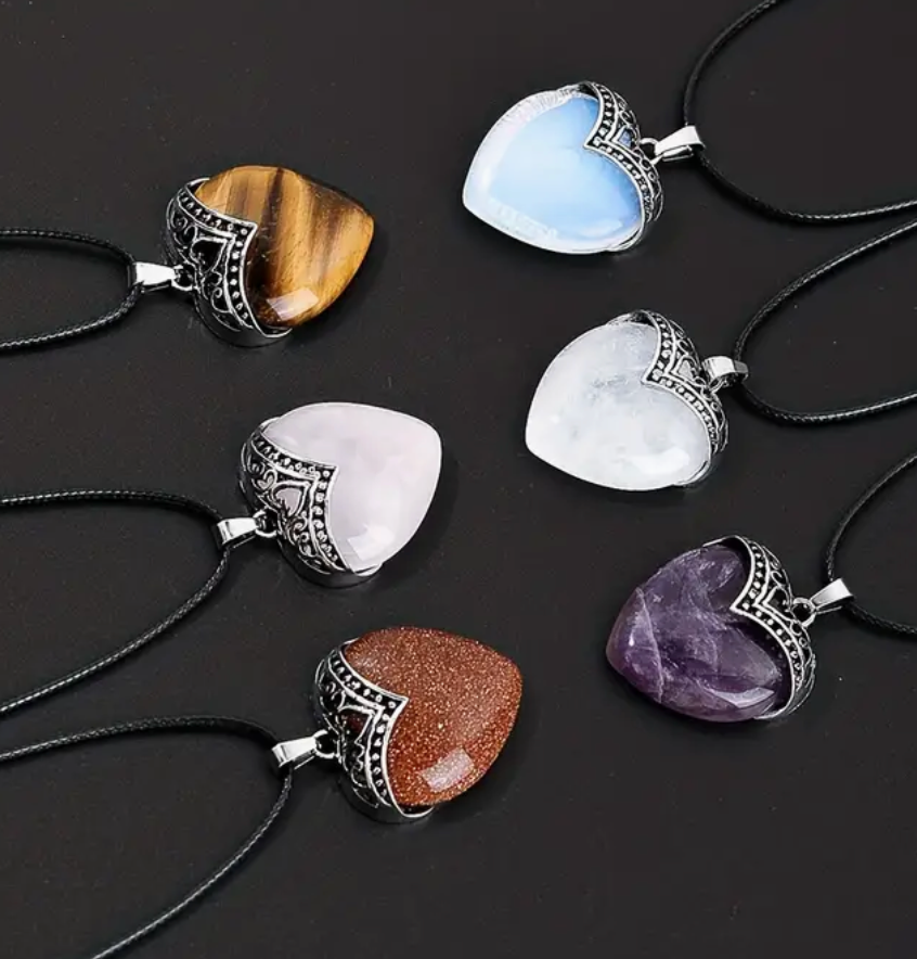 Natural Stone Silver Heart Necklaces