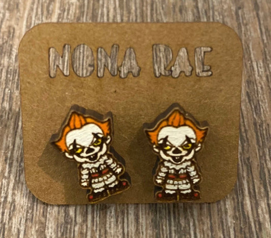 Pennywise — Laser-Cut, Hand-Painted, Wooden Earrings — Lead and Nickel Free