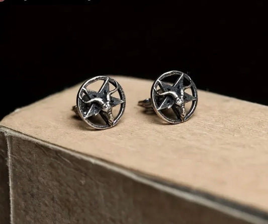 Gothic Baphomet 5-Point Star Round Stud Earrings