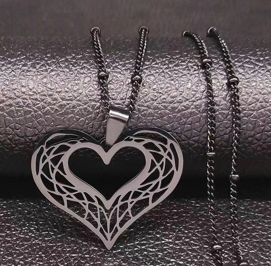Hollow Heart Black Stainless Steel Necklace